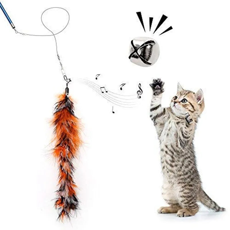 Interactive Cat Feather Teaser Wand, Retractable Feather Stick with Bell, Replacement Refill Catcher Toy for Kittens and Indoor Cats