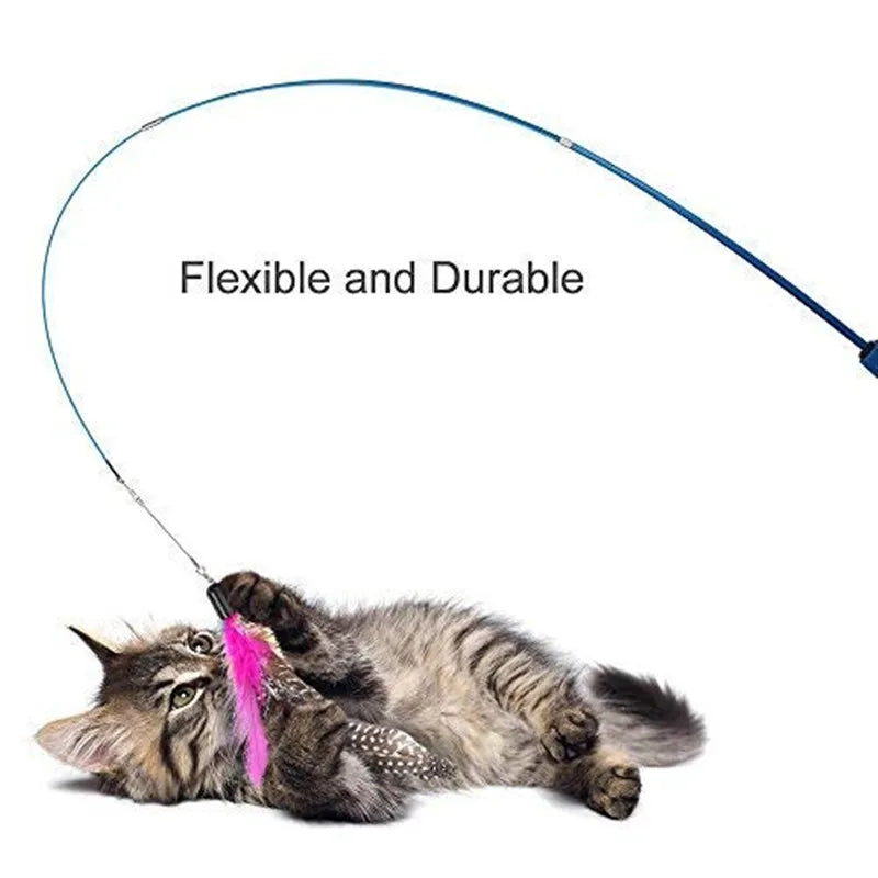 Interactive Cat Feather Teaser Wand, Retractable Feather Stick with Bell, Replacement Refill Catcher Toy for Kittens and Indoor Cats