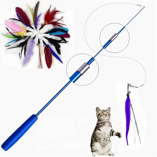 Interactive Cat Feather Teaser Wand, Retractable Feather Stick with Bell, Replacement Refill Catcher Toy for Kittens and Indoor Cats