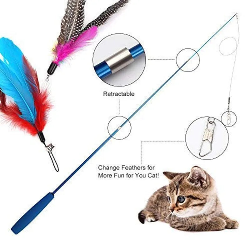 Interactive Cat Feather Teaser Wand, Retractable Feather Stick with Bell, Replacement Refill Catcher Toy for Kittens and Indoor Cats