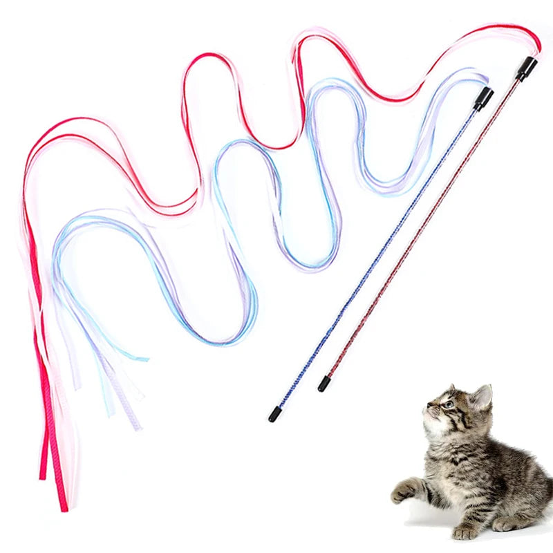 Interactive Cat Teaser Wand Toy with Long Satin Ribbon, Kitten Play Stick for Indoor Exercise and Training