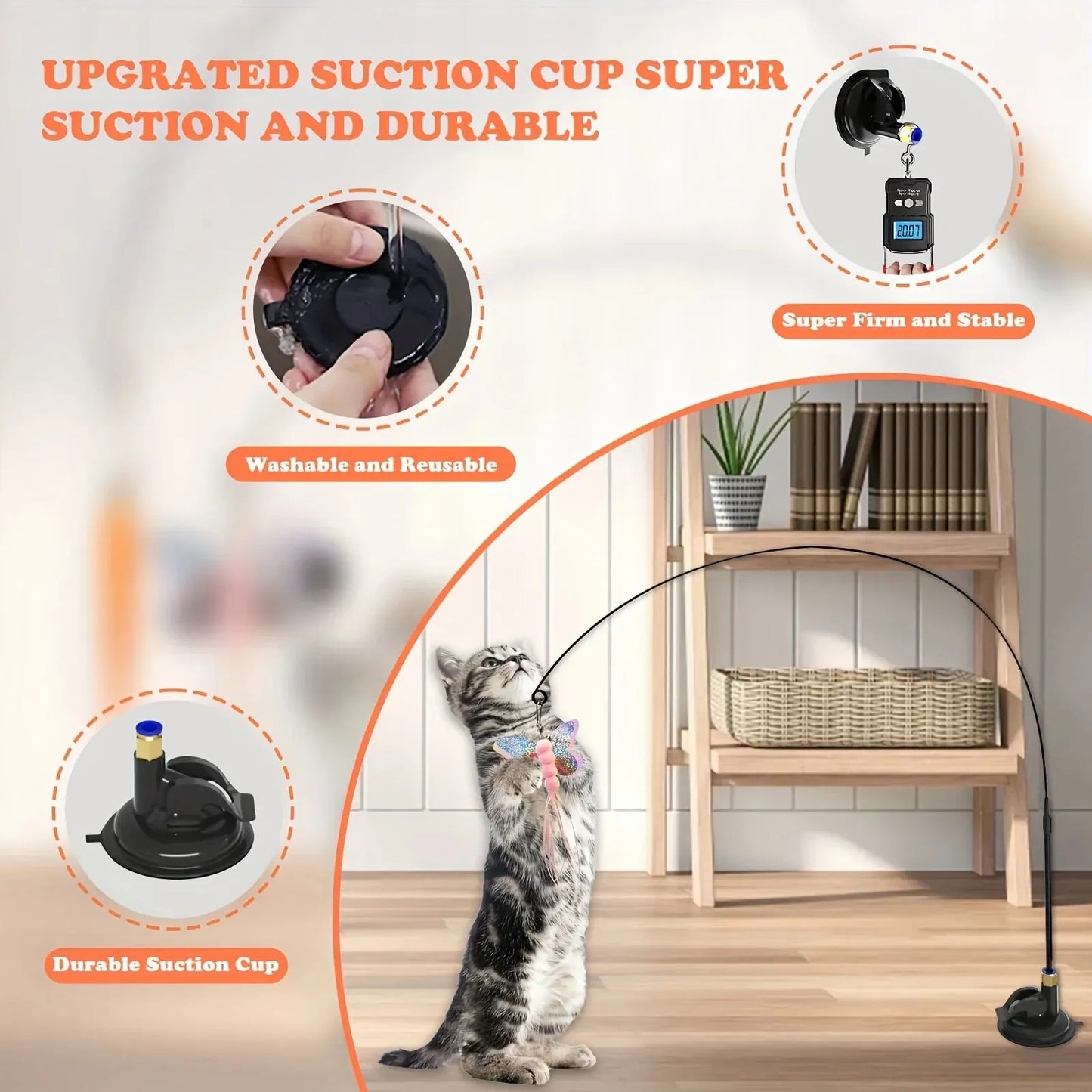 Cat Teaser Toy with Bell and Feather Wand, Interactive Suction Cup Pole Cat Toy for Indoor Play, Long Flexible Rod for Active Cats