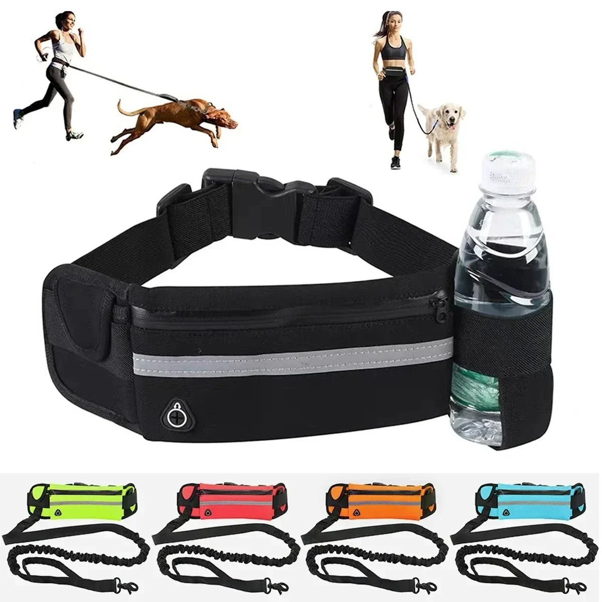 Hands-Free Dog Running Leash with Waist Bag, Adjustable Retractable Elastic Nylon Pet Leash, Reflective Belt Buckle Traction Rope for Walking and Jogging