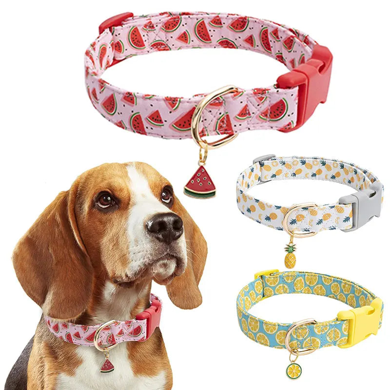 Fruit Pattern Pet Dog Collar with Metal Fruit Pendant, Adjustable Nylon Collar for Small Dogs, Puppies and Cats