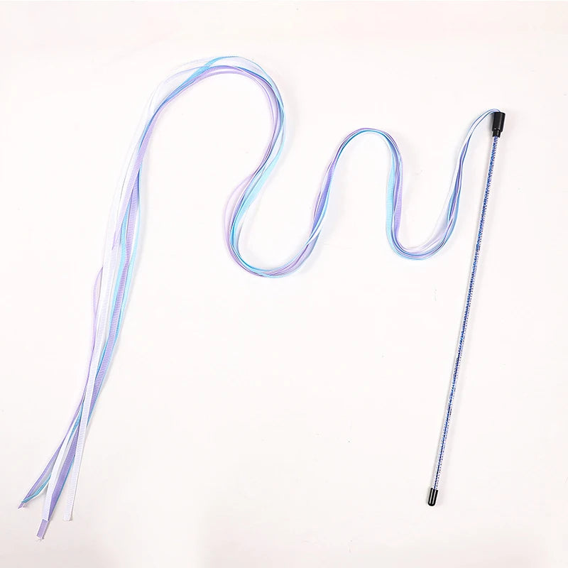 Interactive Cat Teaser Wand Toy with Long Satin Ribbon, Kitten Play Stick for Indoor Exercise and Training