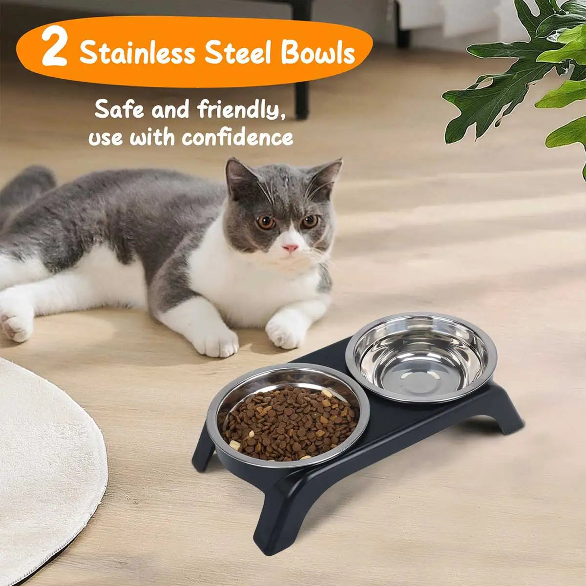Elevated Pet Bowl with Two Stainless Steel Bowls, Raised Feeding Station for Small and Medium Dogs and Cats, Black and Gray