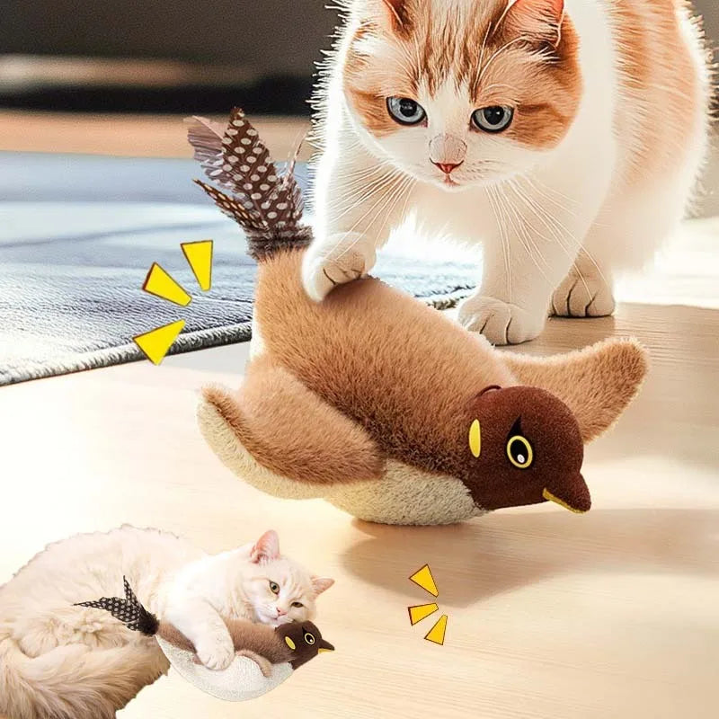 Cat Chew Plush Toy, Electric Bird Feather Interactive Squeaky Kitten Toy, Bite-Resistant Rechargeable Automatic Teaser