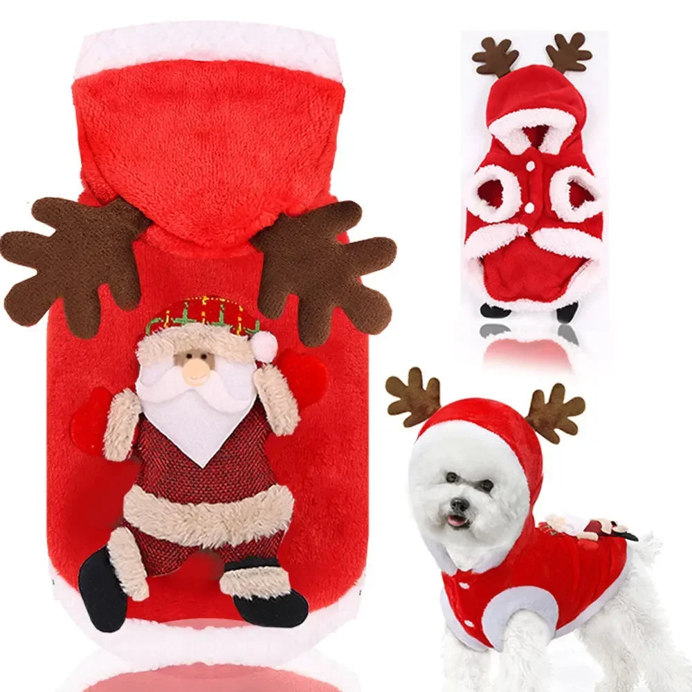 Christmas Dog Clothes Winter Warm Elk and Santa Dog Coat Hoodie for Small and Medium Dogs and Cats, Holiday Pet Costume Clothing