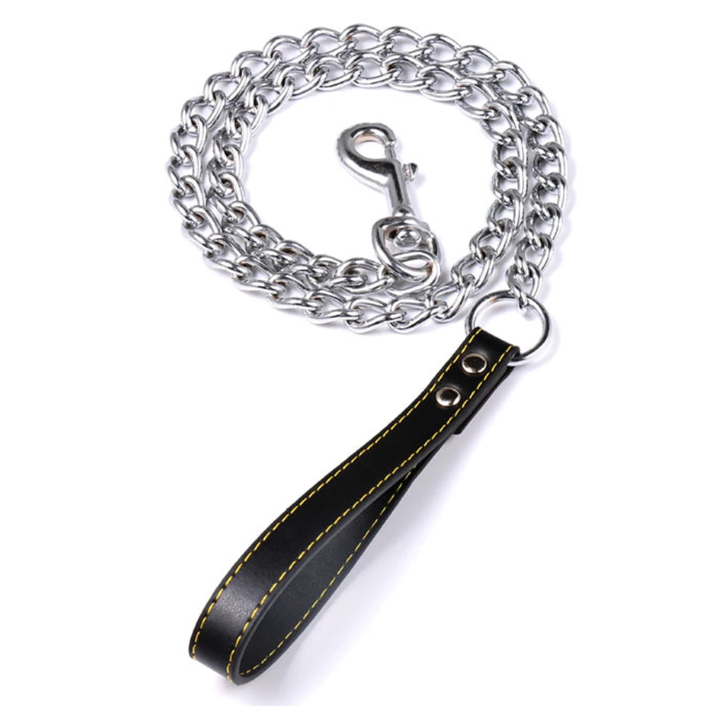 Metal Chain Dog Leash with Leather-Style Handle, Durable Strong Control Lead for Dogs, Pet Collars and Harness Accessories