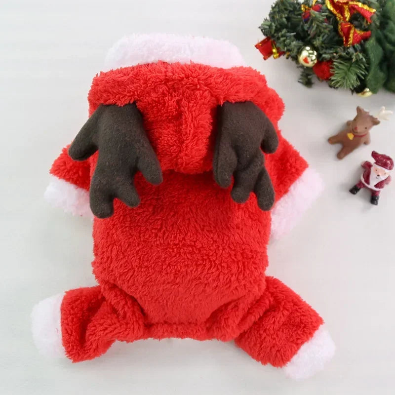 Christmas Dog Clothes Winter Warm Elk and Santa Dog Coat Hoodie for Small and Medium Dogs and Cats, Holiday Pet Costume Clothing