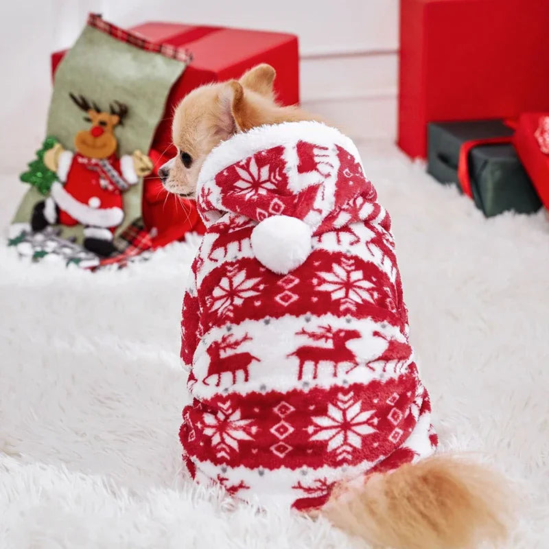 Winter Dog Christmas Jumpsuit, Warm Plush Pet Pajamas for Small and Medium Dogs and Cats, Puppy Overalls Onesie for Yorkie and Chihuahua