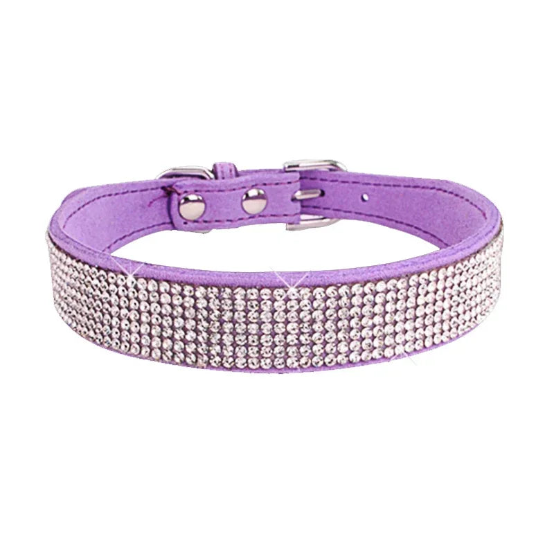Suede Fiber Crystal Dog Collar, Comfortable Glitter Rhinestone Pet Collar with Zinc Alloy Buckle for Small Dogs and Cats (XXS-XL)