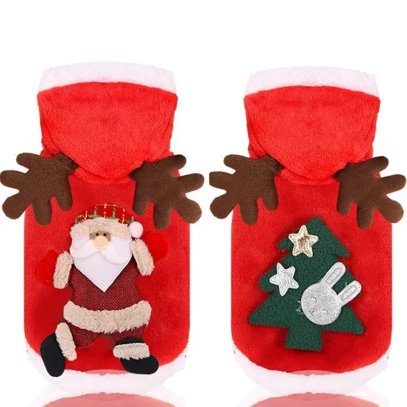 Christmas Dog Clothes Winter Warm Elk and Santa Dog Coat Hoodie for Small and Medium Dogs and Cats, Holiday Pet Costume Clothing