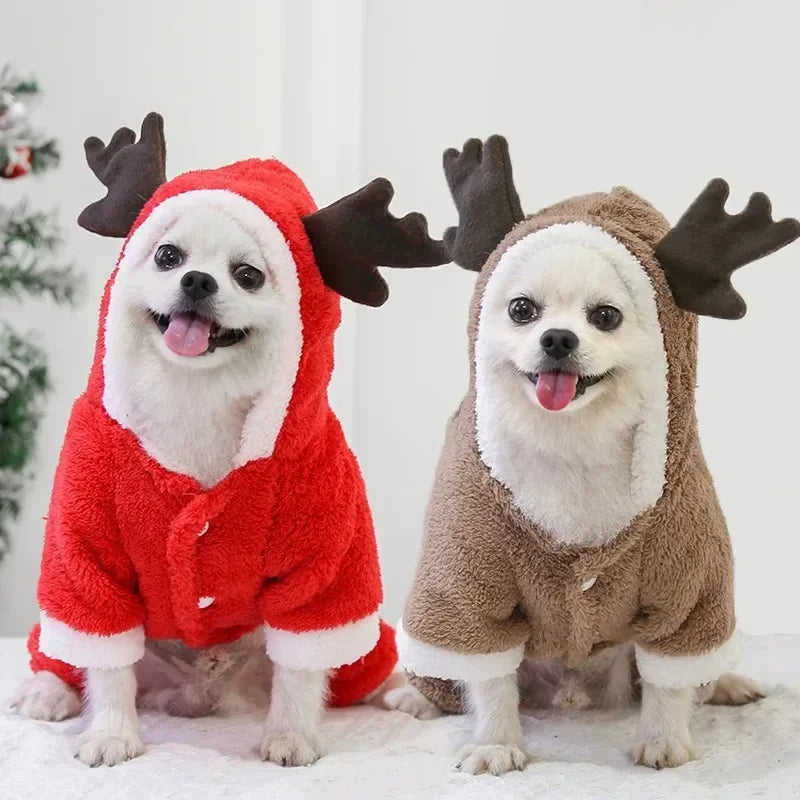 Christmas Dog Clothes Winter Warm Elk and Santa Dog Coat Hoodie for Small and Medium Dogs and Cats, Holiday Pet Costume Clothing