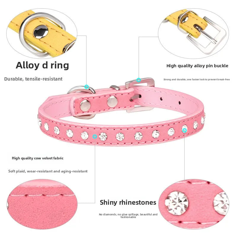 Shiny Rhinestone Pet Collar – Adjustable Leather Dog & Cat Collar for Small and Medium Dogs, Sparkling Bling Accessory