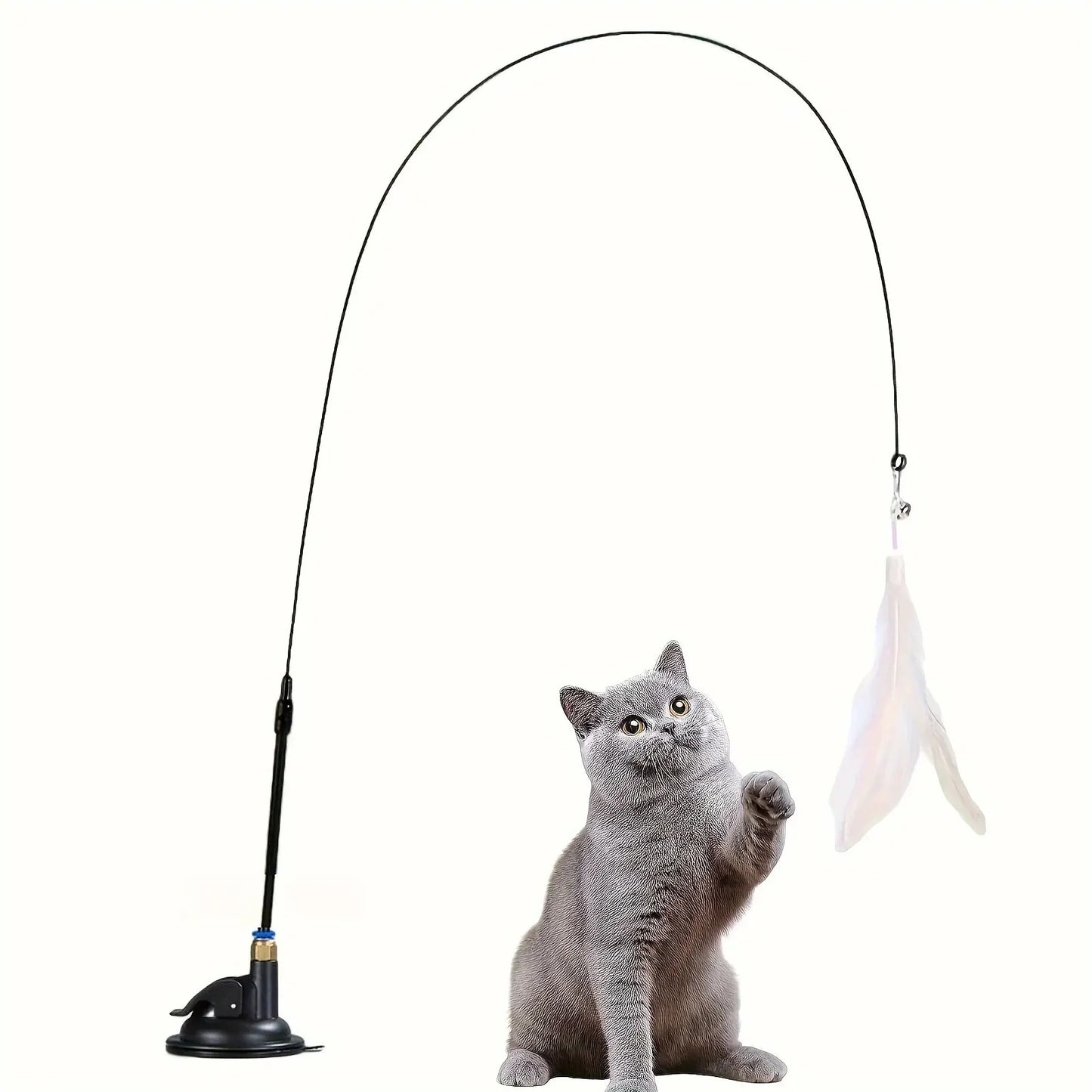 Cat Teaser Toy with Bell and Feather Wand, Interactive Suction Cup Pole Cat Toy for Indoor Play, Long Flexible Rod for Active Cats