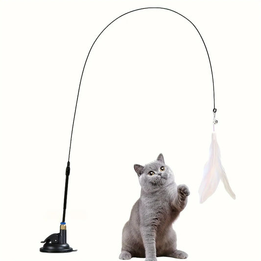 Cat Teaser Toy with Bell and Feather Wand, Interactive Suction Cup Pole Cat Toy for Indoor Play, Long Flexible Rod for Active Cats
