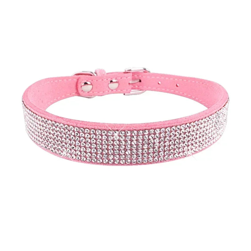 Suede Fiber Crystal Dog Collar, Comfortable Glitter Rhinestone Pet Collar with Zinc Alloy Buckle for Small Dogs and Cats (XXS-XL)