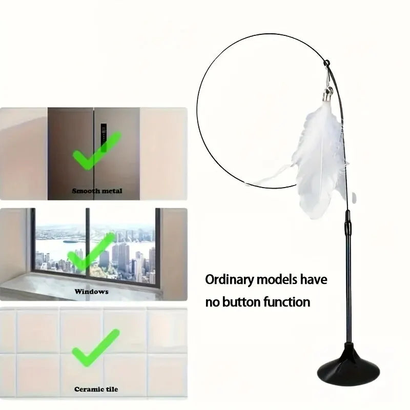 Cat Teaser Toy with Bell and Feather Wand, Interactive Suction Cup Pole Cat Toy for Indoor Play, Long Flexible Rod for Active Cats