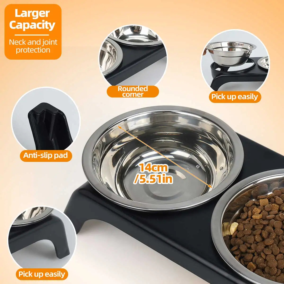 Elevated Pet Bowl with Two Stainless Steel Bowls, Raised Feeding Station for Small and Medium Dogs and Cats, Black and Gray