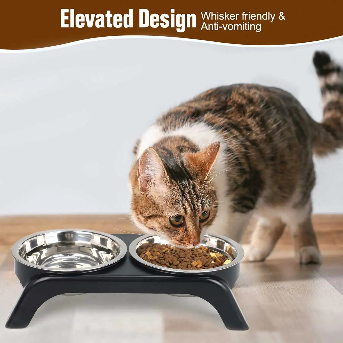 Elevated Pet Bowl with Two Stainless Steel Bowls, Raised Feeding Station for Small and Medium Dogs and Cats, Black and Gray