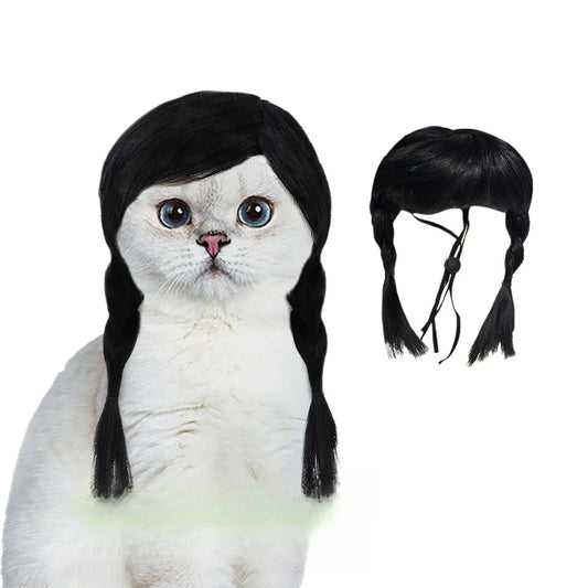 Pet Double Ponytail Wig, Black Cosplay Costume Wig for Cats and Dogs, Holiday Party Festival Cute Pet Dress-Up Accessory