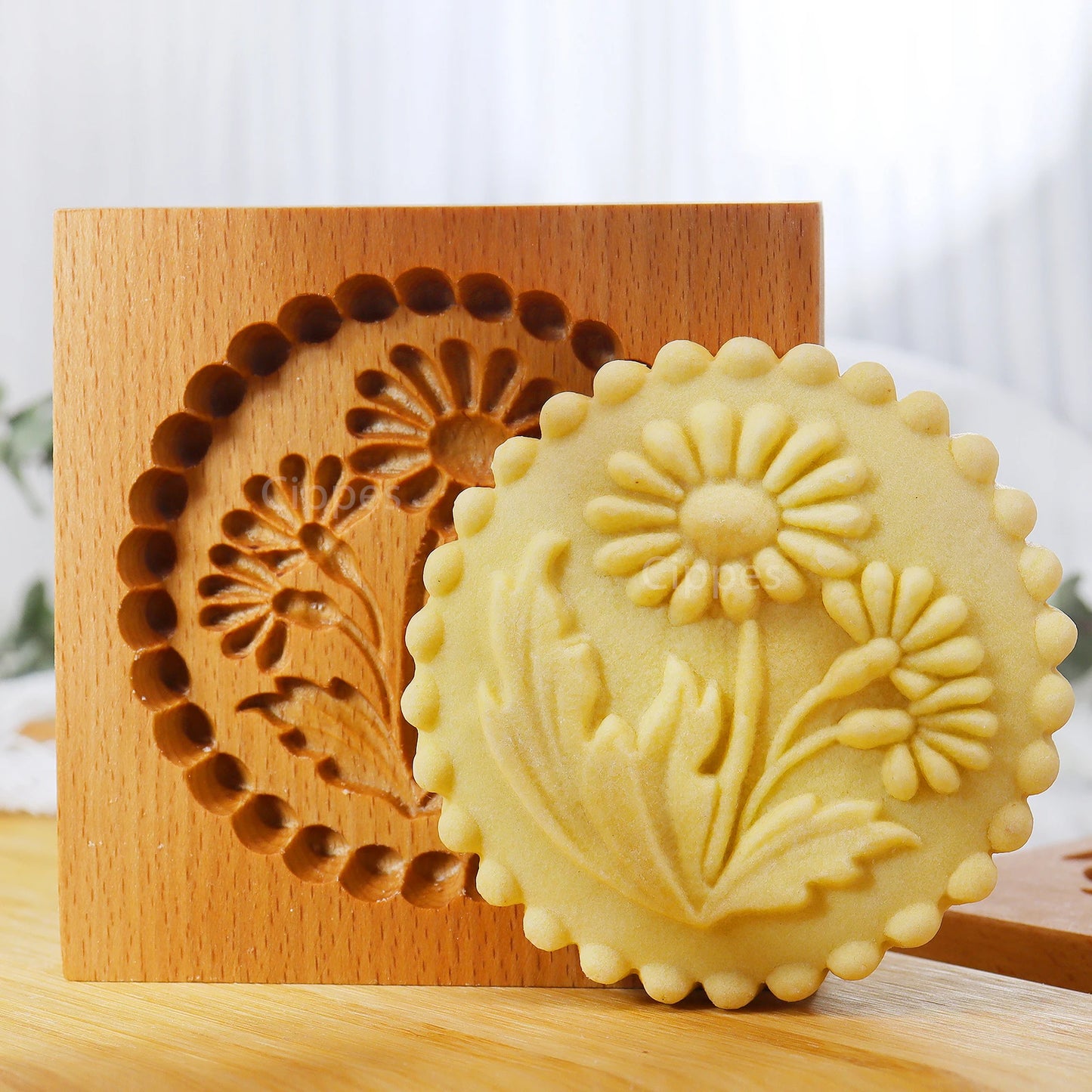 Wooden 3D Cookie Mold with Flower Patterns, DIY Carved Embossed Cookie Cutter for Baking Fondant, Cake, and Biscuits