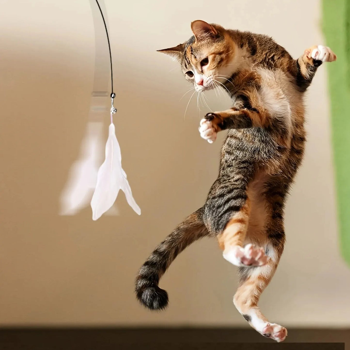 Cat Teaser Toy with Bell and Feather Wand, Interactive Suction Cup Pole Cat Toy for Indoor Play, Long Flexible Rod for Active Cats