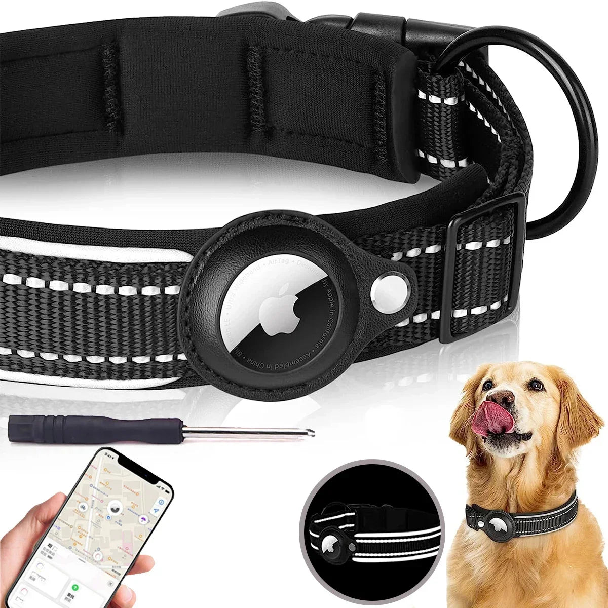 Apple Airtag Compatible Pet Collar, Anti-Lost Reflective Waterproof Tracker Collar for Dogs and Cats, GPS Positioning Pet Safety Collar