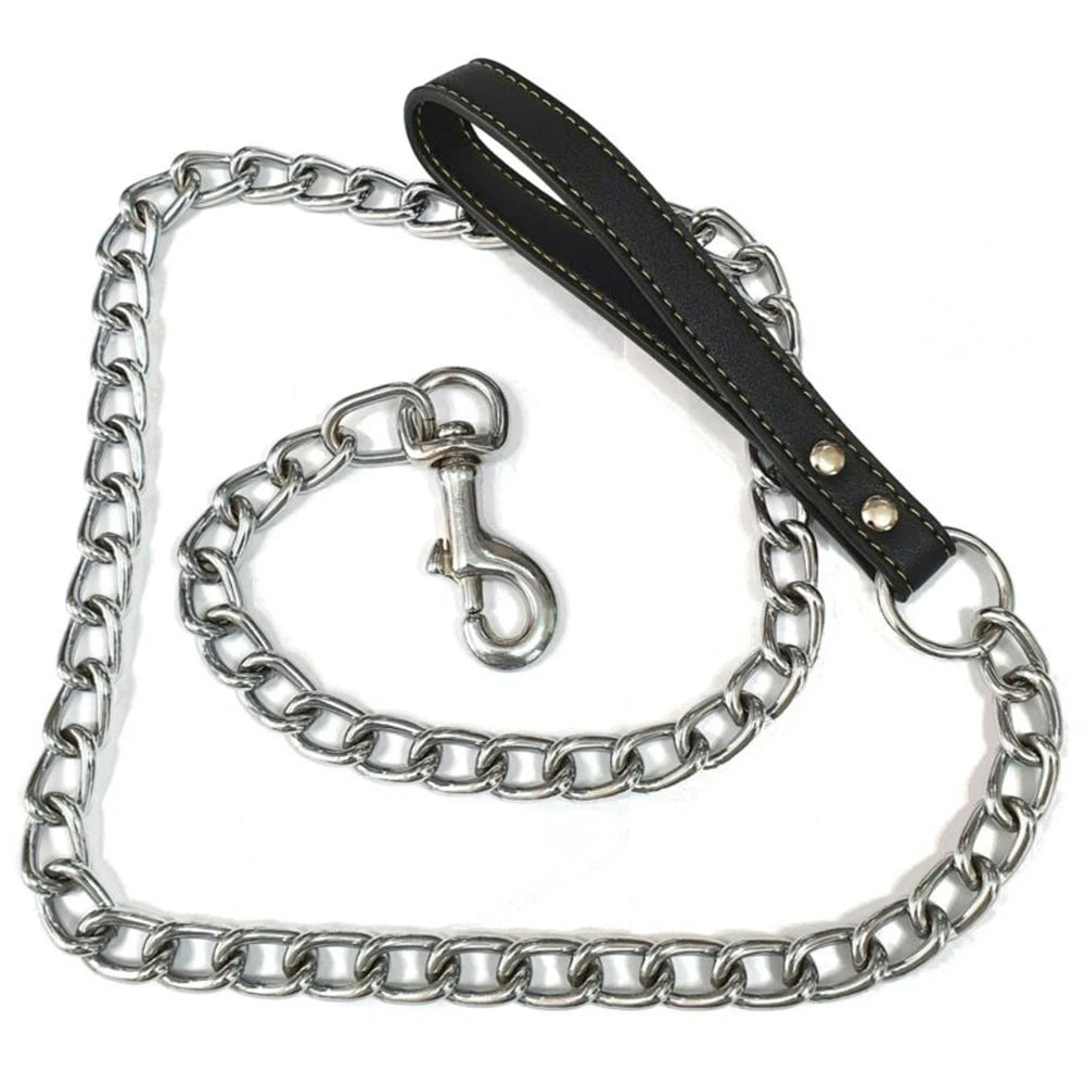 Metal Chain Dog Leash with Leather-Style Handle, Durable Strong Control Lead for Dogs, Pet Collars and Harness Accessories
