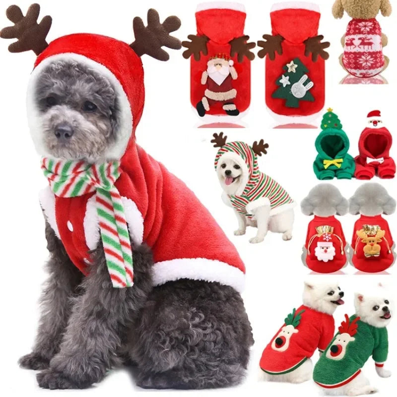Christmas Dog Clothes Winter Warm Elk and Santa Dog Coat Hoodie for Small and Medium Dogs and Cats, Holiday Pet Costume Clothing