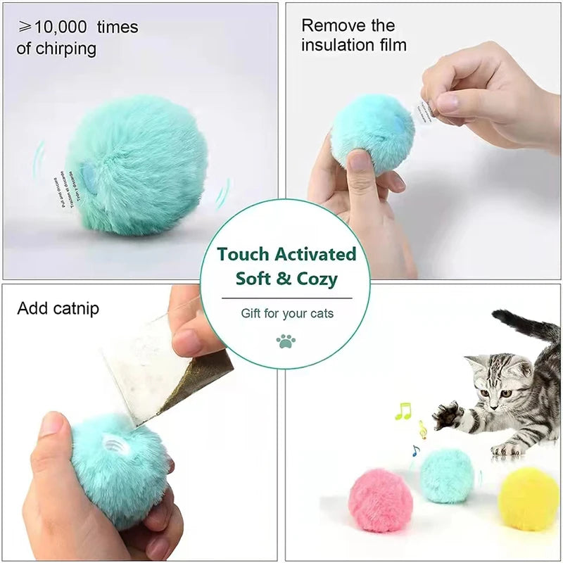 Interactive Smart Cat Toy Ball, Plush Electric Catnip Training Toy with Touch Sound and Squeak for Kittens and Cats