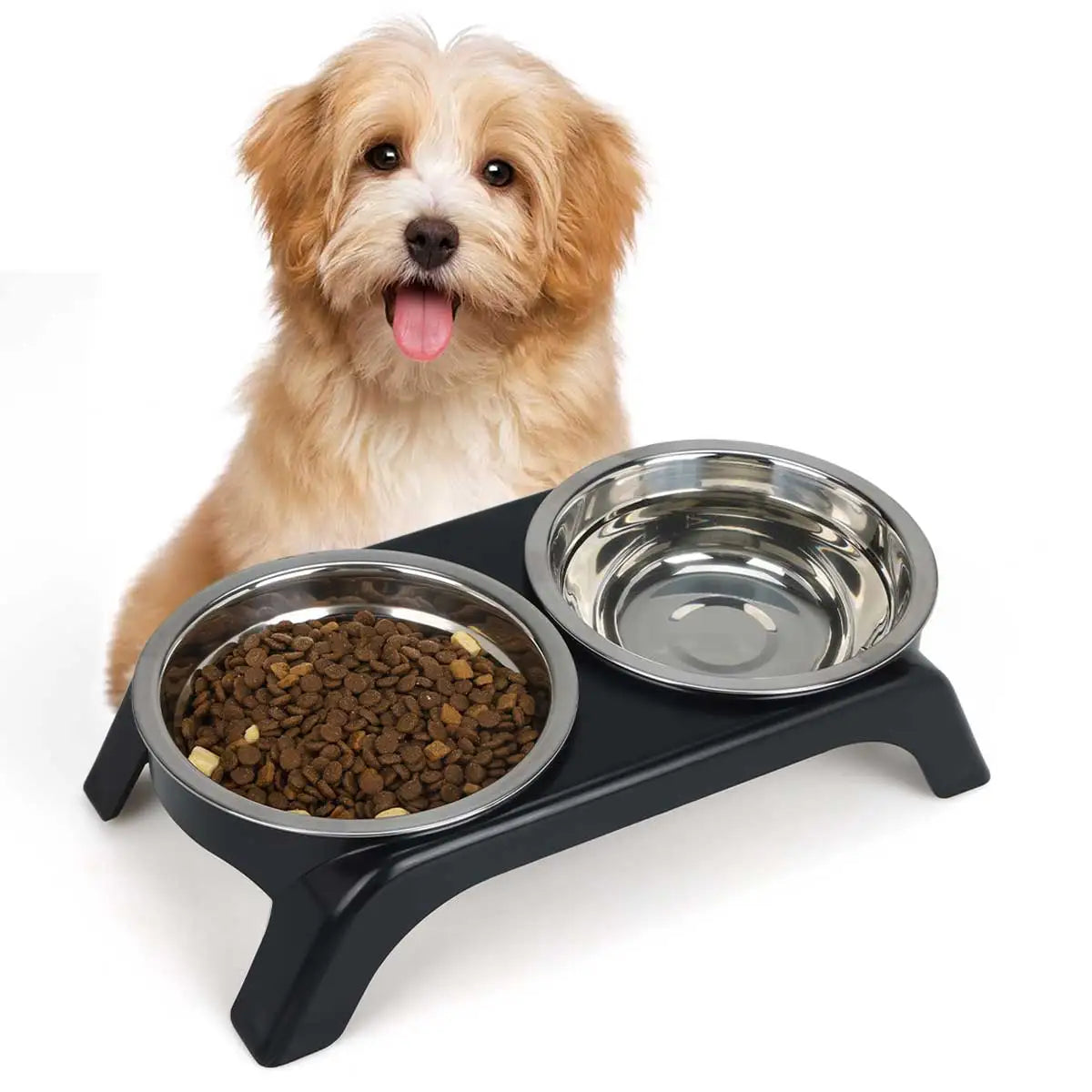 Elevated Pet Bowl with Two Stainless Steel Bowls, Raised Feeding Station for Small and Medium Dogs and Cats, Black and Gray