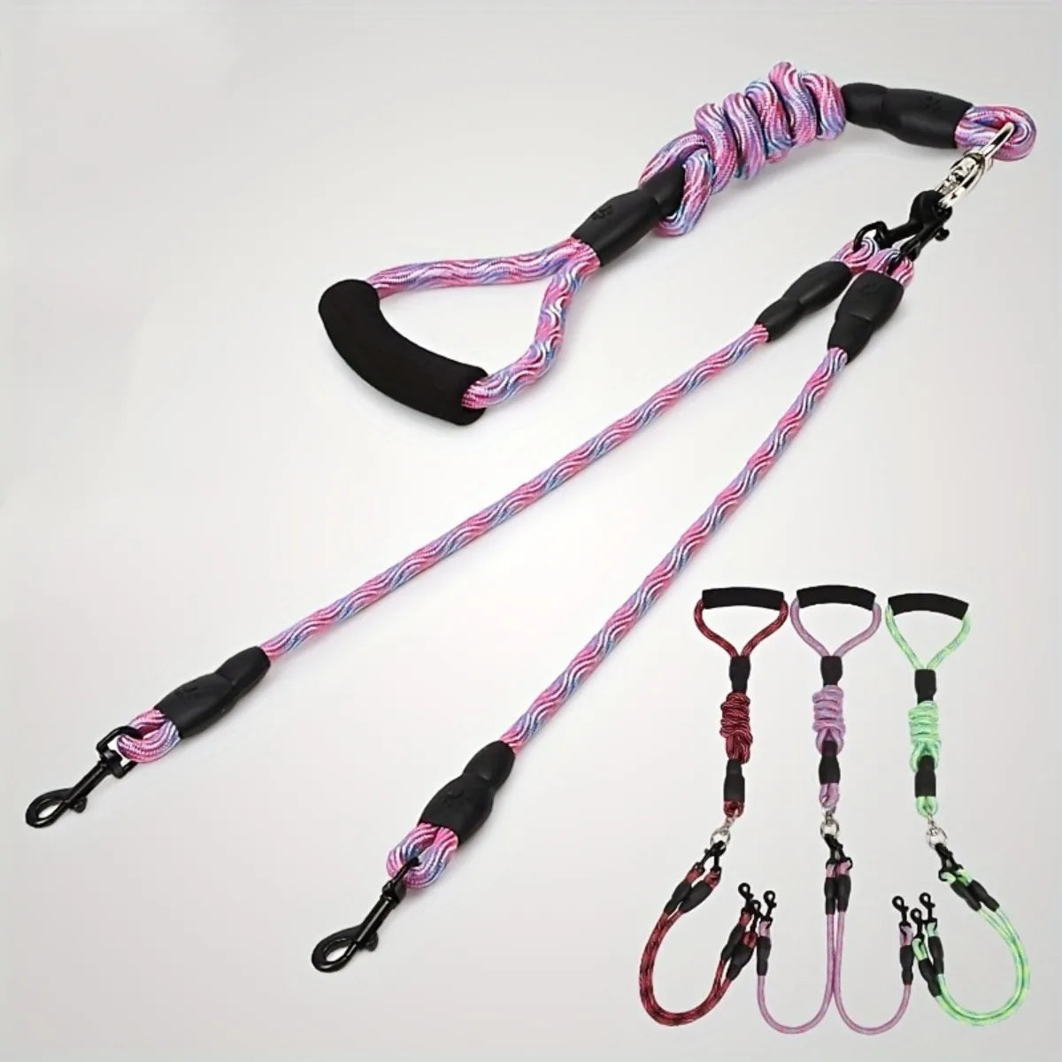 Dual Head Dog Walking Leash with Wavy Pattern, One-Drag-Two Detachable Anti-Tangle Traction Rope for Walking Two Dogs