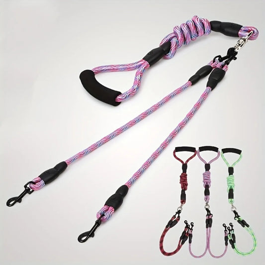 Dual Head Dog Walking Leash with Wavy Pattern, One-Drag-Two Detachable Anti-Tangle Traction Rope for Walking Two Dogs