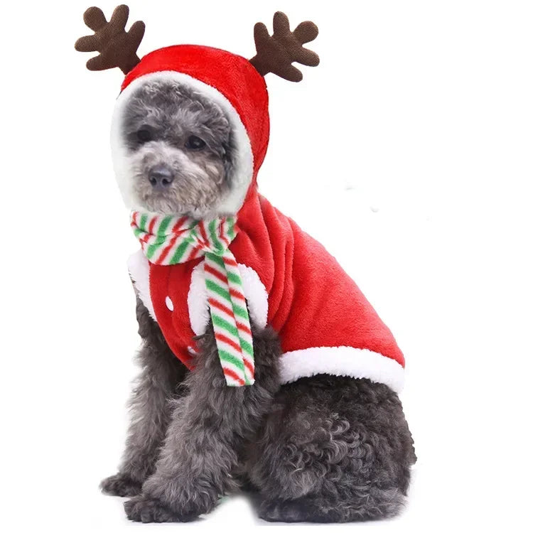 Christmas Dog Clothes Winter Warm Elk and Santa Dog Coat Hoodie for Small and Medium Dogs and Cats, Holiday Pet Costume Clothing