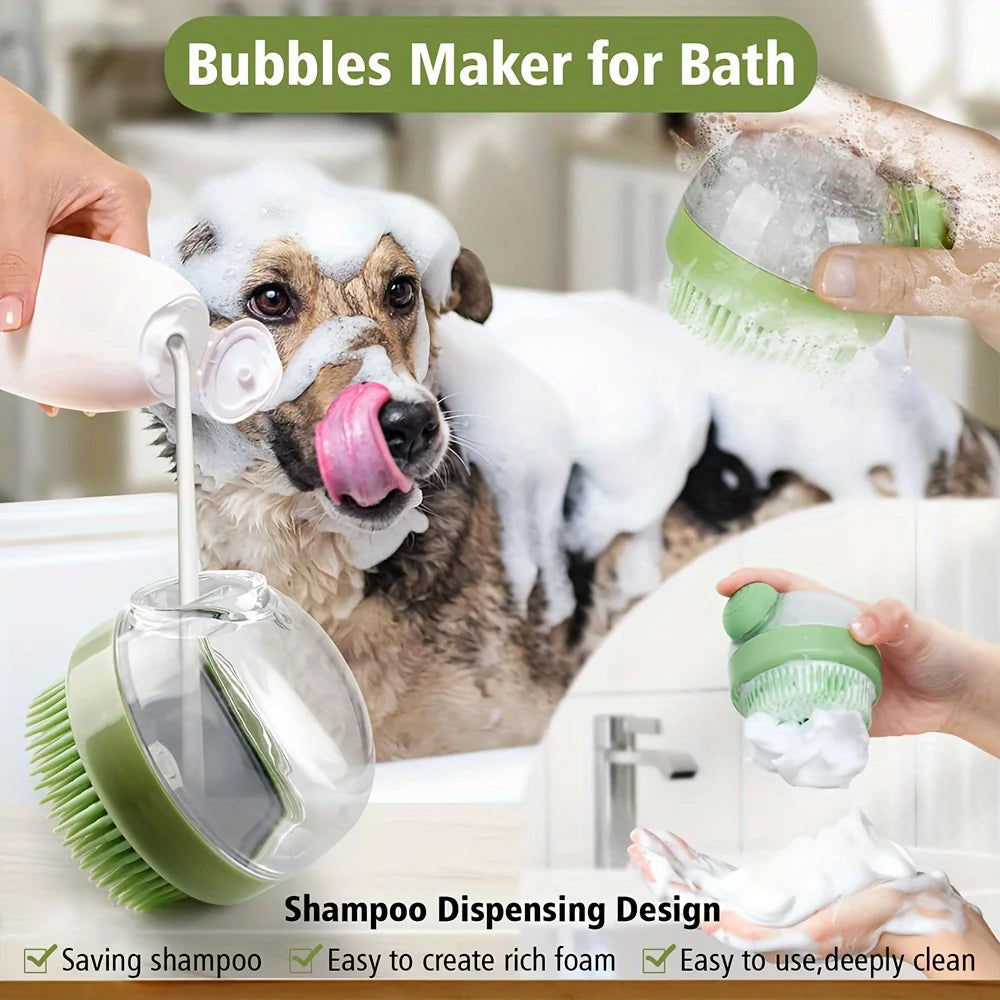 Dog Bath Brush with Soap Dispenser, Silicone Bristle Pet Grooming Shampoo Brush for Cats and Dogs, Massage Bathing Tool for Short and Long Haired Pets