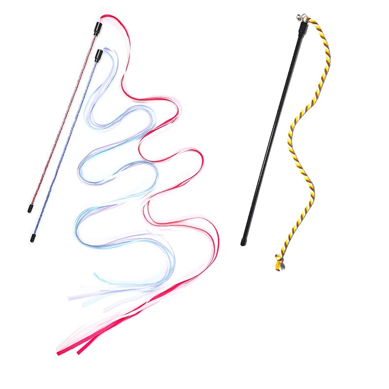 Interactive Cat Teaser Wand Toy with Long Satin Ribbon, Kitten Play Stick for Indoor Exercise and Training