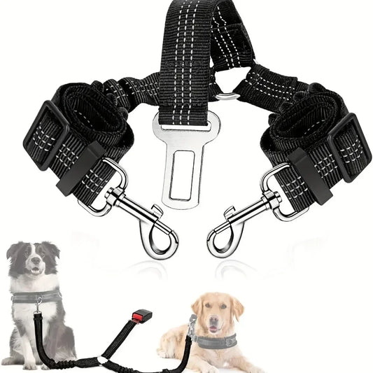 Adjustable Elastic Dog Car Harness Seat Belt, Double Safety Restraint with Shock Absorption and Reflective Strap for Pet Travel
