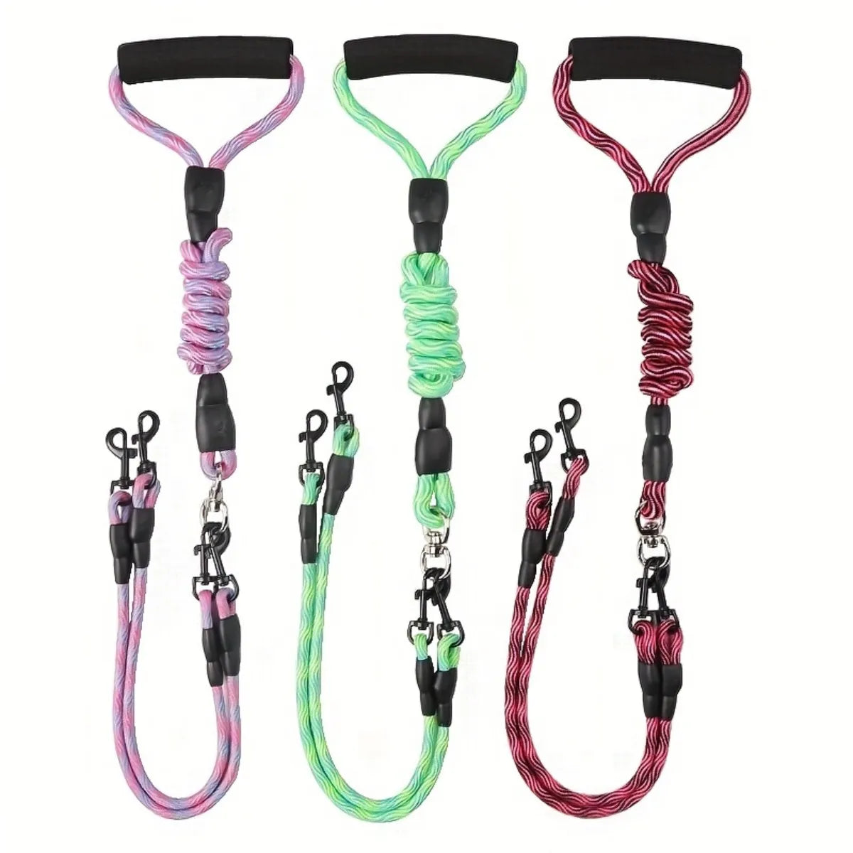 Dual Head Dog Walking Leash with Wavy Pattern, One-Drag-Two Detachable Anti-Tangle Traction Rope for Walking Two Dogs