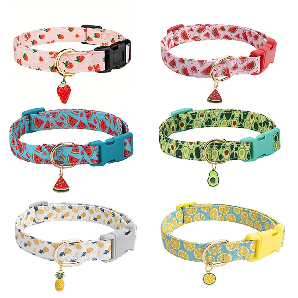 Fruit Pattern Pet Dog Collar with Metal Fruit Pendant, Adjustable Nylon Collar for Small Dogs, Puppies and Cats