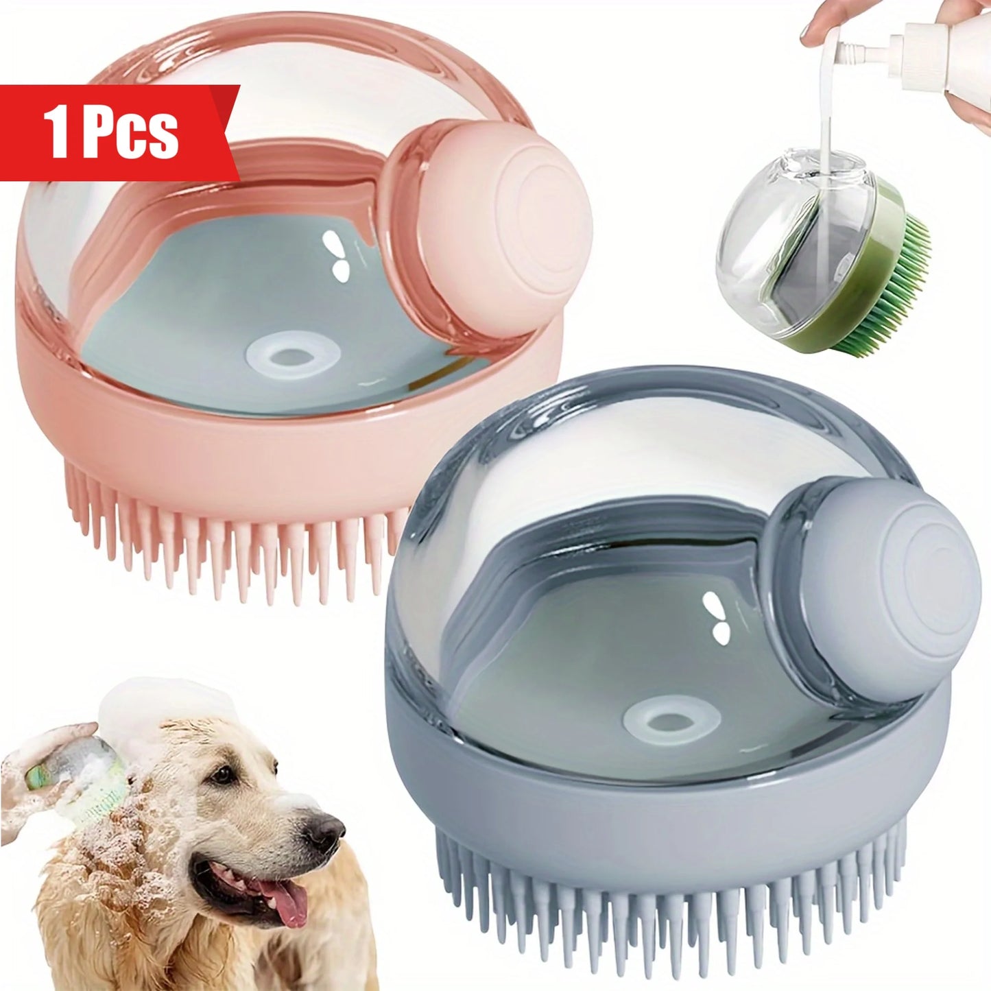 Dog Bath Brush with Soap Dispenser, Silicone Bristle Pet Grooming Shampoo Brush for Cats and Dogs, Massage Bathing Tool for Short and Long Haired Pets