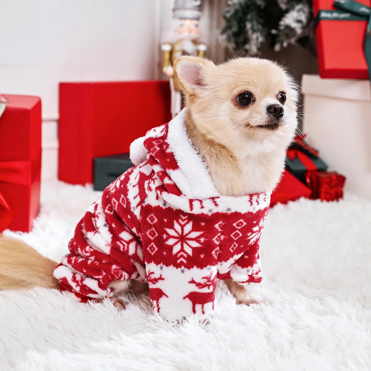 Winter Dog Christmas Jumpsuit, Warm Plush Pet Pajamas for Small and Medium Dogs and Cats, Puppy Overalls Onesie for Yorkie and Chihuahua