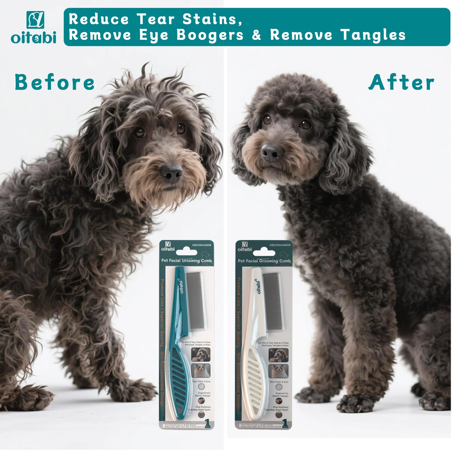 Flea and Lice Comb for Dogs and Cats, Professional Pet Grooming Comb with Rounded Teeth, Tear Stain Remover Brush and Dematting Tool