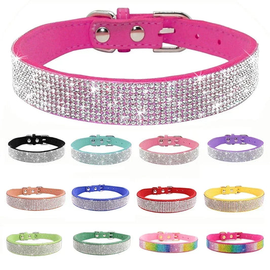 Suede Fiber Crystal Dog Collar, Comfortable Glitter Rhinestone Pet Collar with Zinc Alloy Buckle for Small Dogs and Cats (XXS-XL)