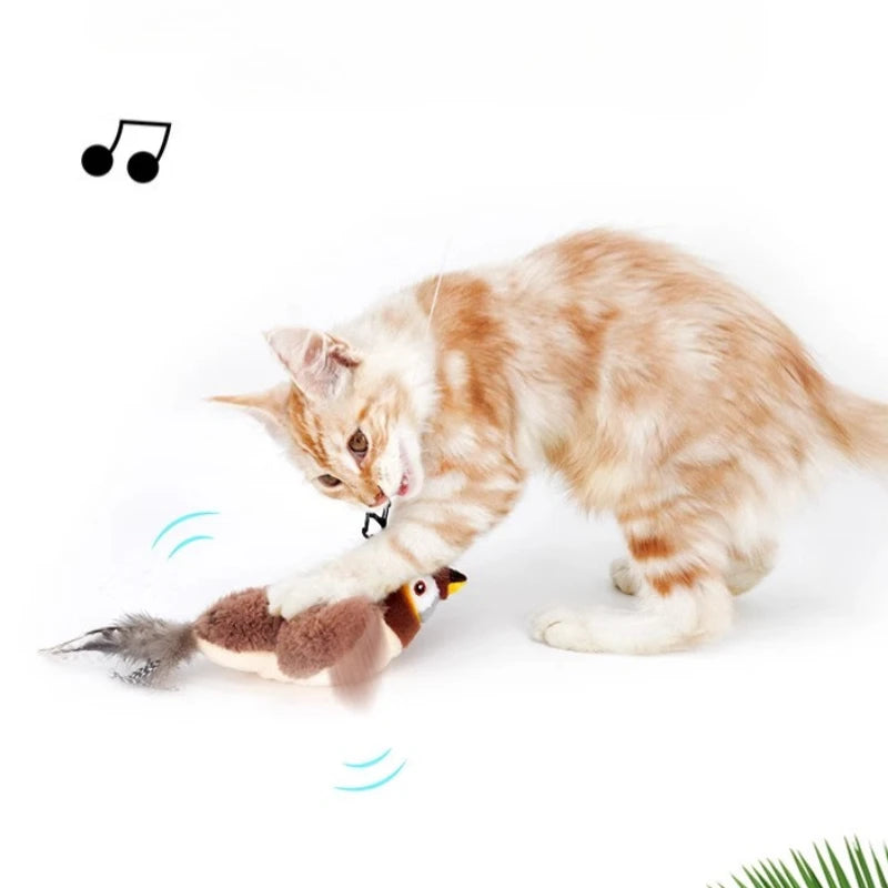 Cat Chew Plush Toy, Electric Bird Feather Interactive Squeaky Kitten Toy, Bite-Resistant Rechargeable Automatic Teaser