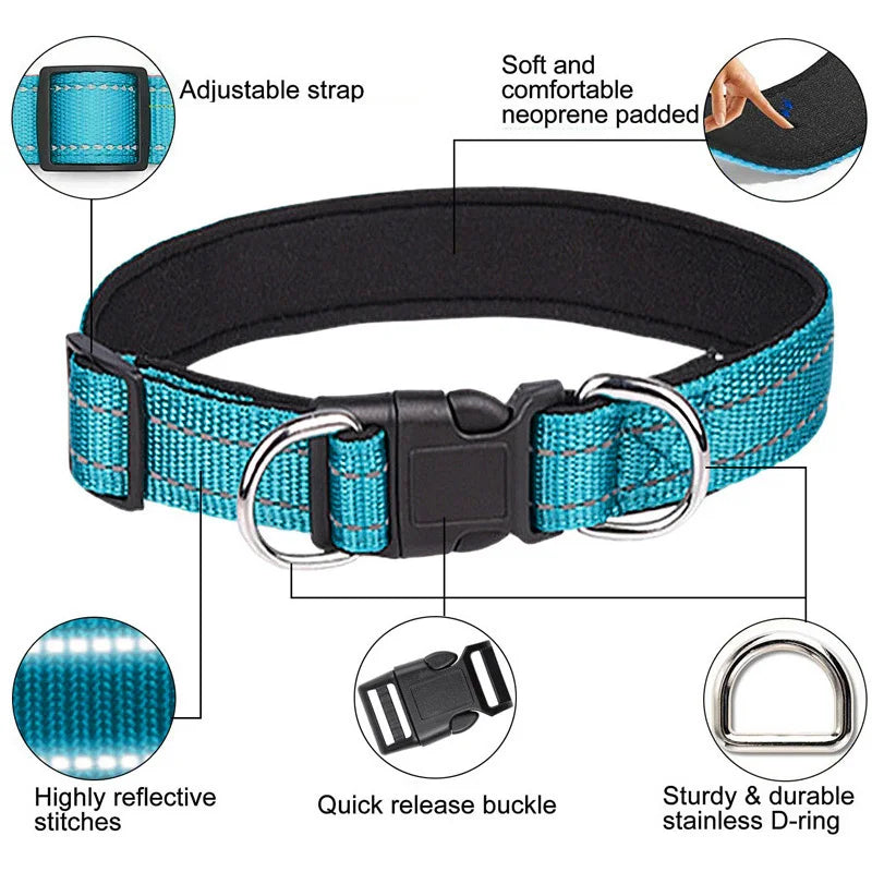 Reflective Dog Collar, Soft Neoprene Padded Adjustable Breathable Nylon Pet Collar for Medium and Large Dogs, 25–60cm