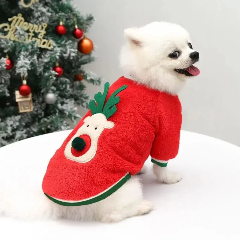 Christmas Dog Clothes Winter Warm Elk and Santa Dog Coat Hoodie for Small and Medium Dogs and Cats, Holiday Pet Costume Clothing