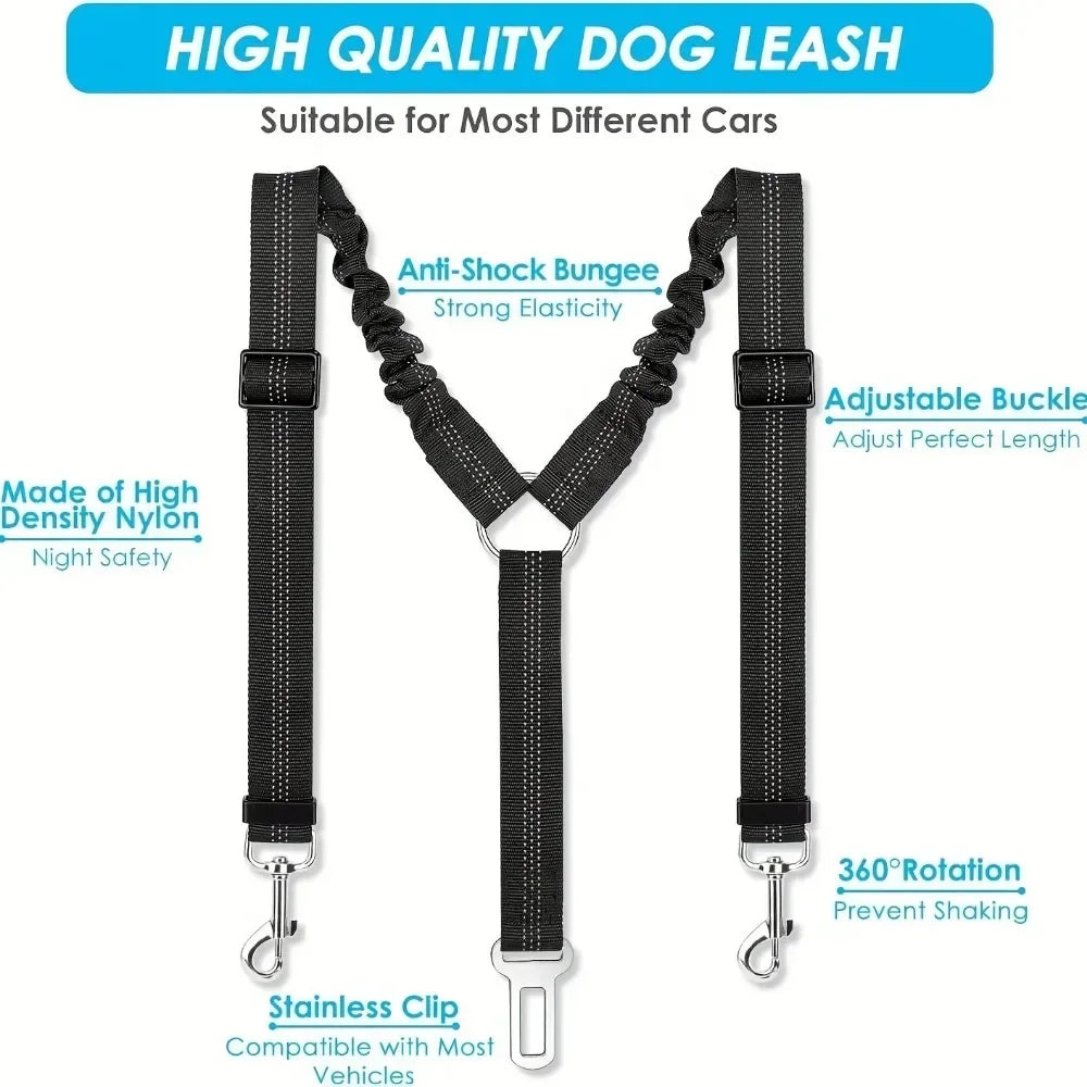 Adjustable Elastic Dog Car Harness Seat Belt, Double Safety Restraint with Shock Absorption and Reflective Strap for Pet Travel