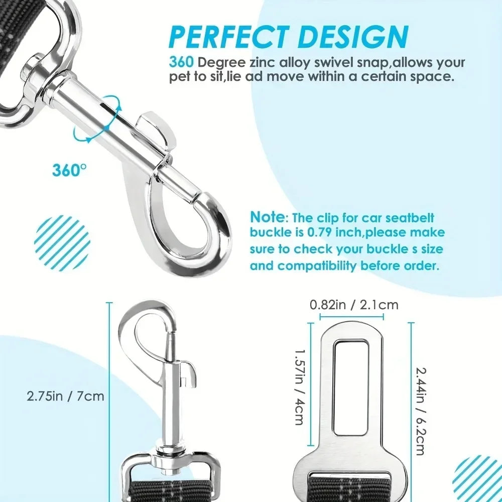 Adjustable Elastic Dog Car Harness Seat Belt, Double Safety Restraint with Shock Absorption and Reflective Strap for Pet Travel